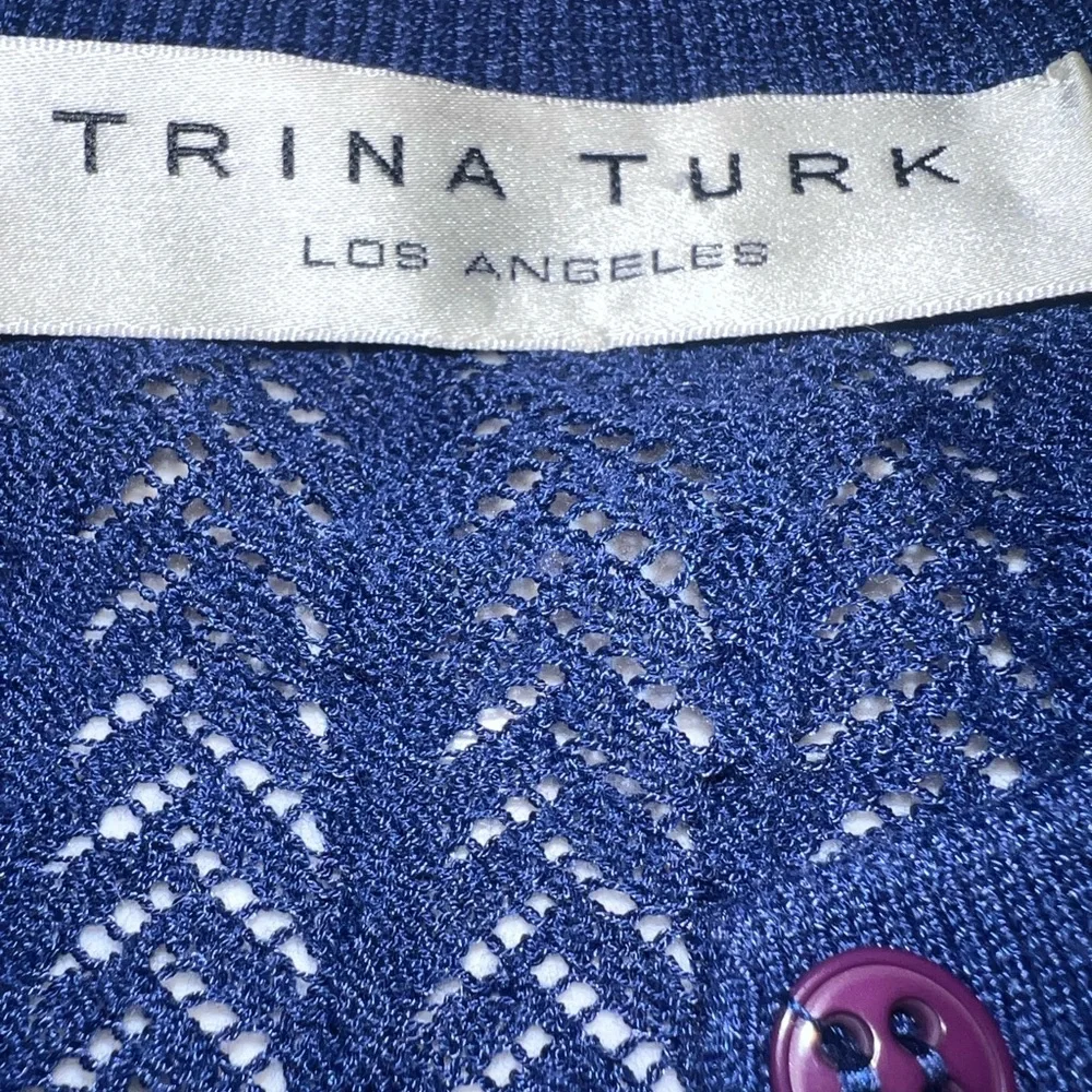 TRINA TURK blue herringbone open weave cotton/nylon cardigan, size small
